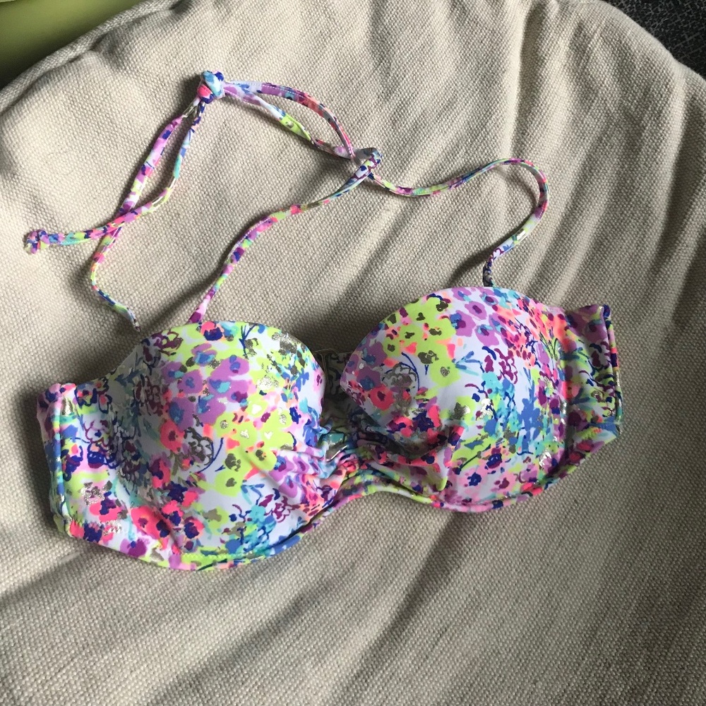 Victoria’s Secret Bikini Top 34B Neon Floral strapless option underwire metallic